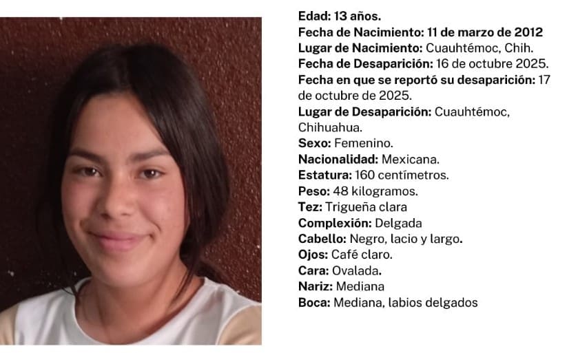 Desaparece adolescente de 13 años en Cuauhtémoc