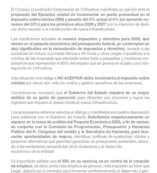 CCE rechaza aumento al ISN que plantea Gobierno del Estado 