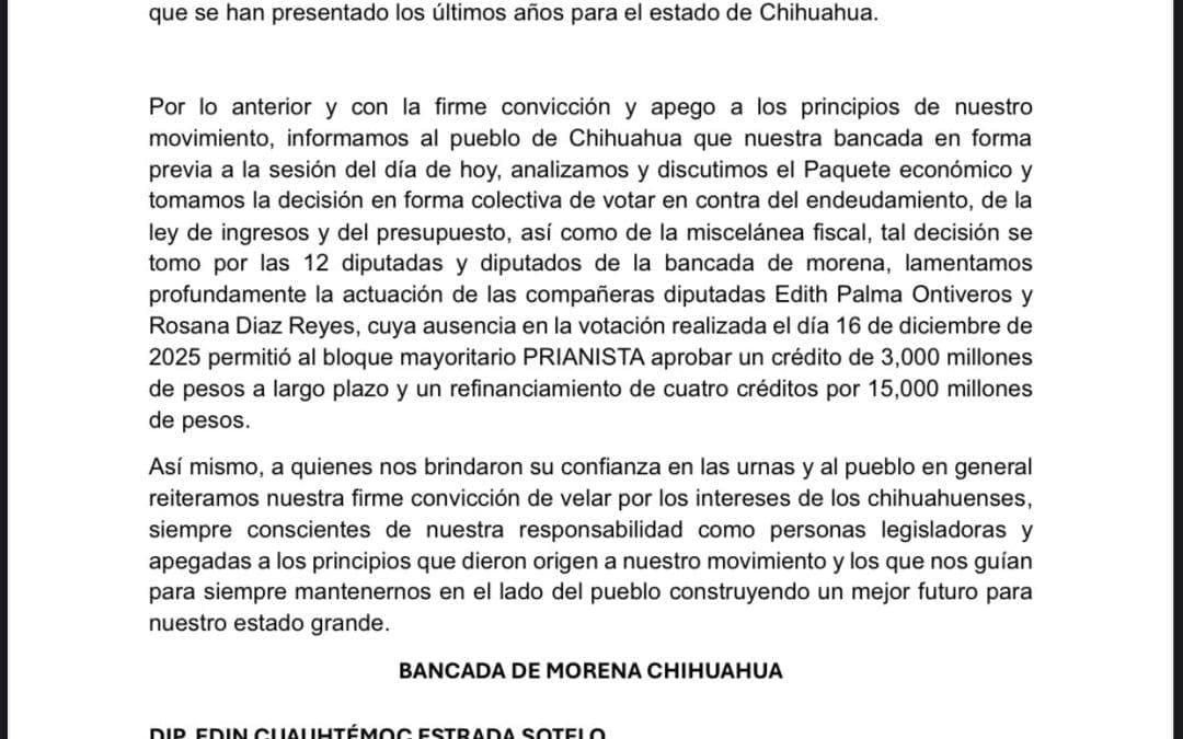 Denunciarán a Diputadas de Morena ante Comisión de Honor y Justicia, se ausentaron en votación de crédito