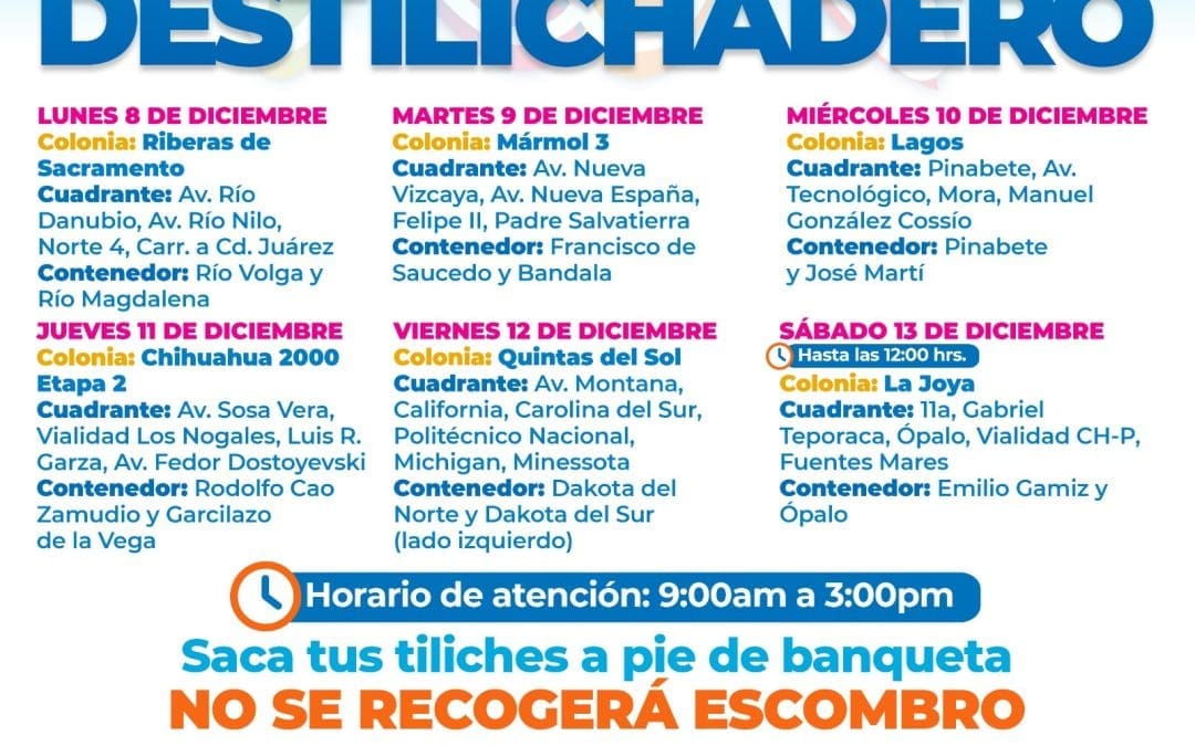 Destilichadero llegará a seis colonias de la capital del 8 al 13 de diciembre