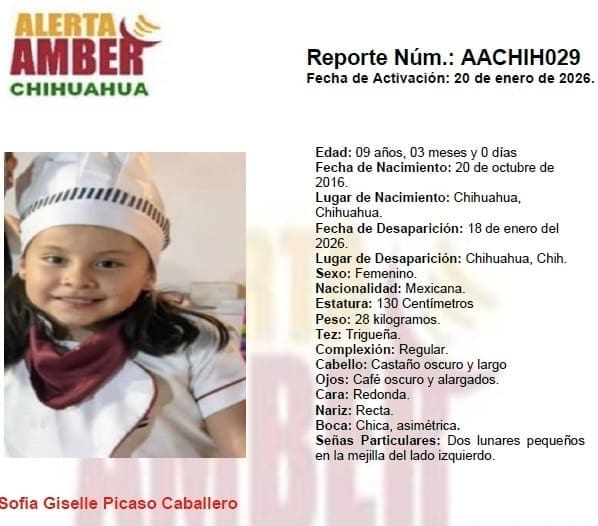 Activan Alerta Ámber por la desaparición de la menor Sofía Giselle Picaso Caballero