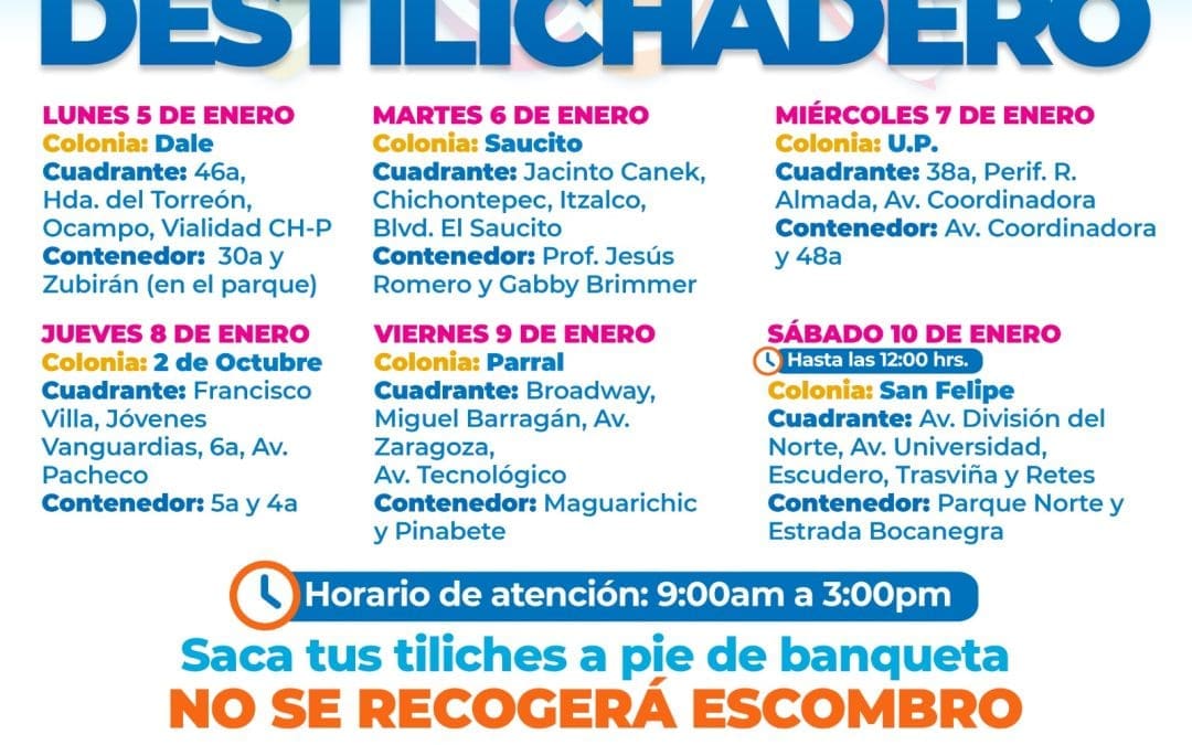 Atenderá Destilichadero 6 colonias esta próxima semana