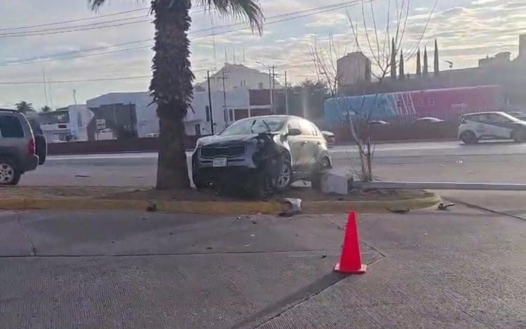 Pierde control, derriba poste y termina contra palmera en Teófilo Borunda