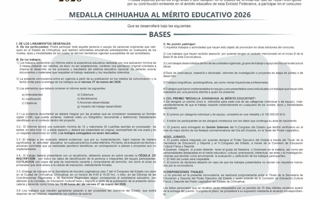 Amplían evaluación de la Medalla Chihuahua al Mérito Educativo 2026