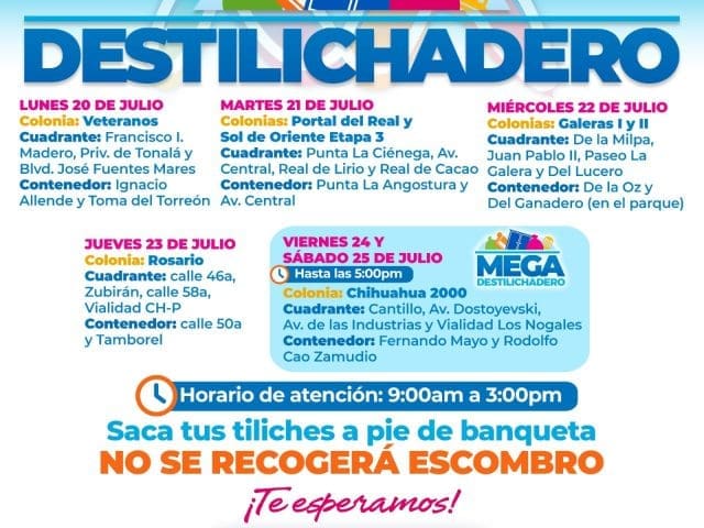 Anuncian programa Destilichadero en siete colonias del 20 al 25 de julio