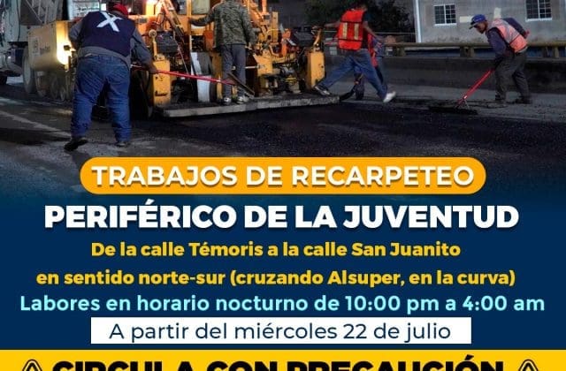 Anuncian cierres parciales en el Periférico de la Juventud por trabajo de recarpeteo.