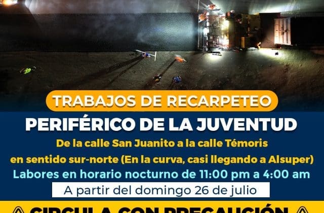 Continuarán trabajos de recarpeteo en el Periférico de la Juventud