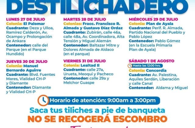 Destilichadero recorrerá seis colonias del 27 de julio al 1 de agosto