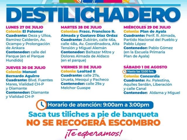 Destilichadero recorrerá seis colonias del 27 de julio al 1 de agosto