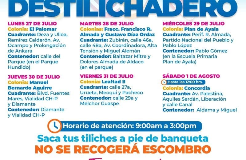 Destilichadero recorrerá seis colonias del 27 de julio al 1 de agosto
