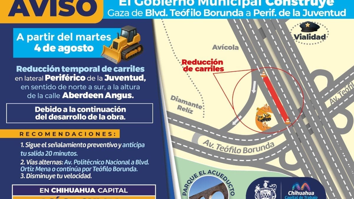 Reducirán carriles en lateral del Periférico de la Juventud por construcción de gaza de incorporación