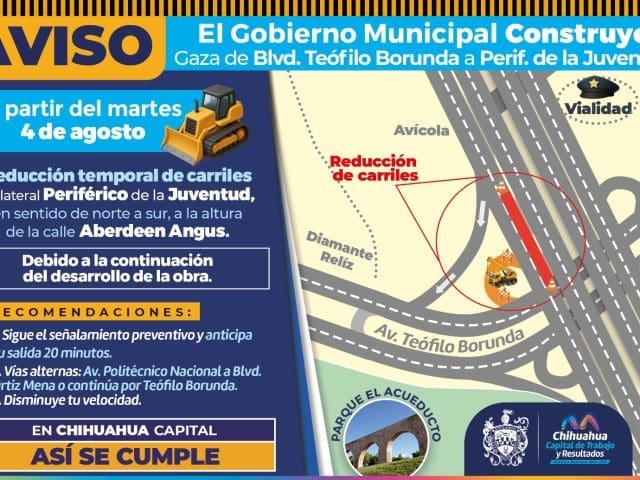 Reducirán carriles en lateral del Periférico de la Juventud por construcción de gaza de incorporación