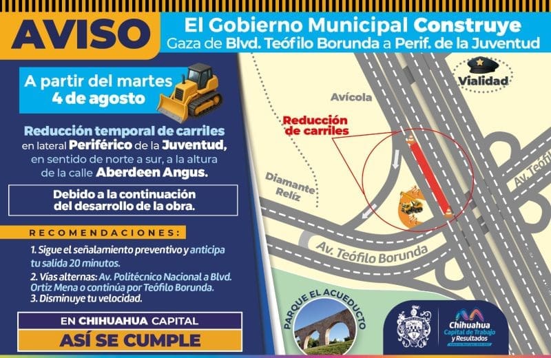 Reducirán carriles en lateral del Periférico de la Juventud por construcción de gaza de incorporación
